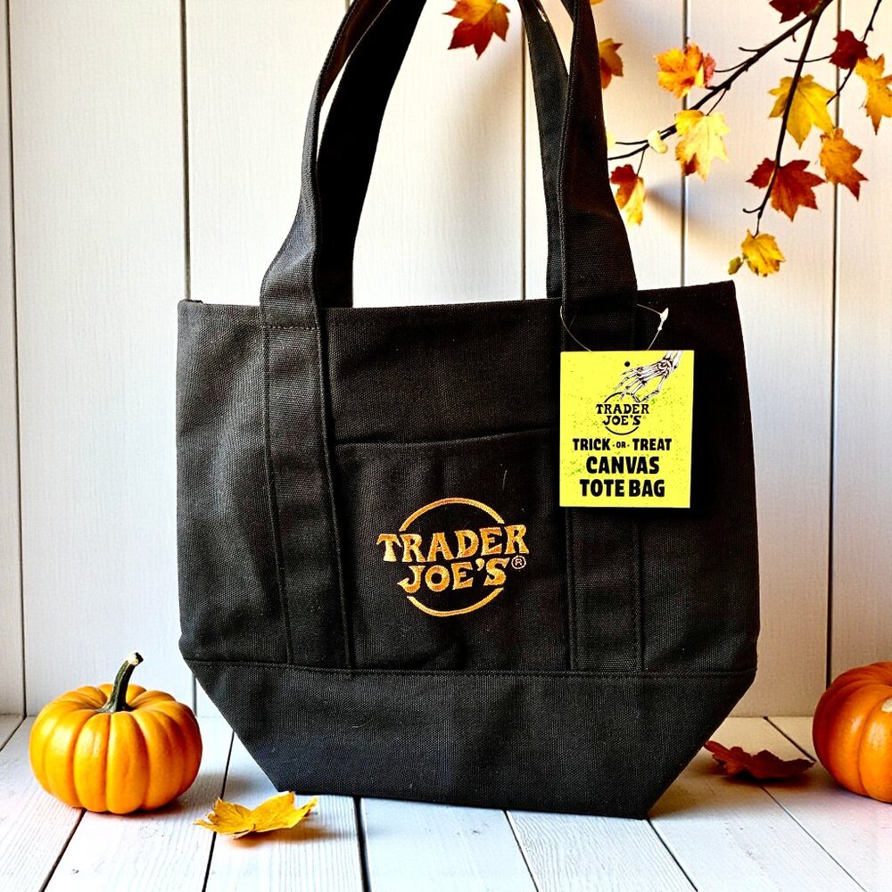 Trader Joe's Mini Canvas Trick-Or-Treat Tote Bag Halloween Black Reusable NEW